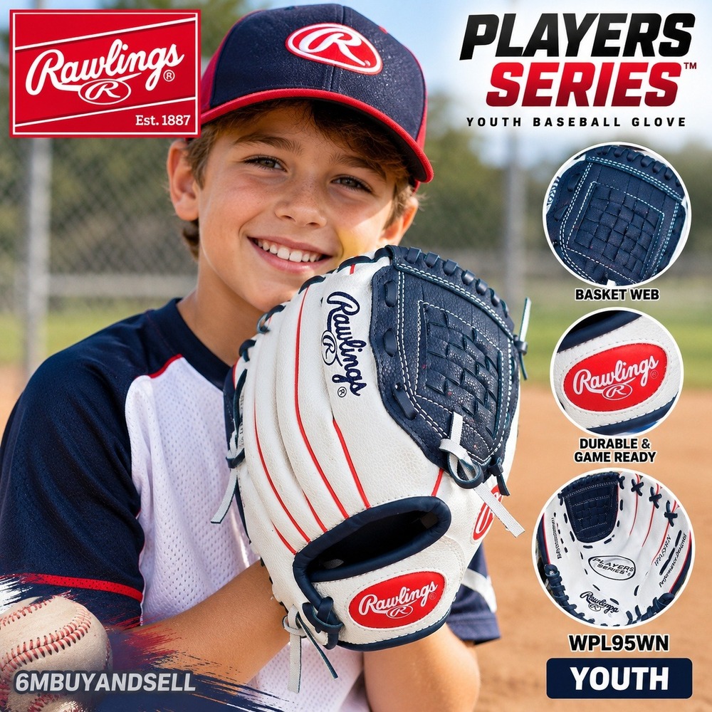 Rawlings Players Series 9.5 Inch Youth Baseball Glove White Navy Red WPL95WN